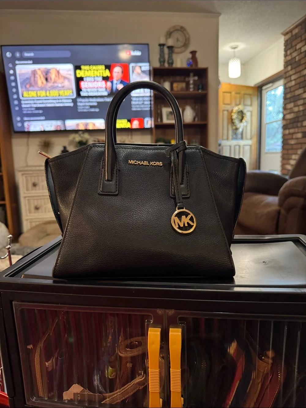 Michael Kors Avril Small Leather MK Charm Crossbody Top Zip Satchel Bag (Black)